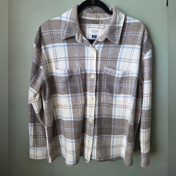 American Eagle Woman's Fleece Plaid Shacket Brown Size Small - Picture 6 of 13